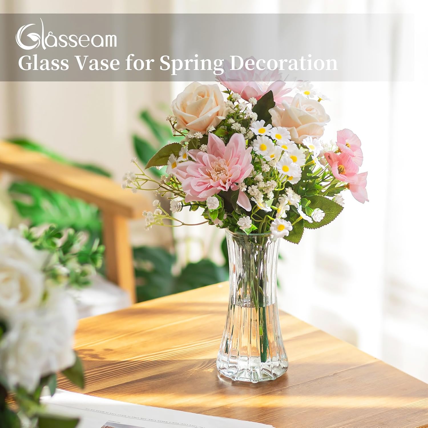 Glass Vase for Home Decor: Clear Flower Vases for Living Room Kitchen Bathroom Wedding Table Centerpieces - 7.5" Tall Modern Vintage Decorations for Bouquet Pampas Grass Lego Flowers