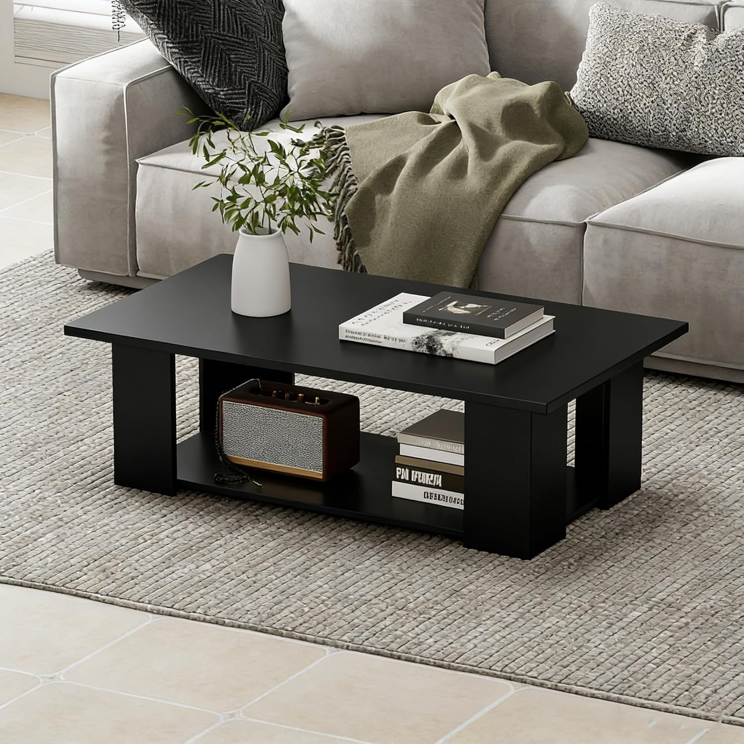 Giantex Rectangle Wood Center Table, 41" L 2-Tier Small Modern Tea Table w/Open Compartment, Easy Assembly, Accent Coffee Table for Living Room, Reception Room, White