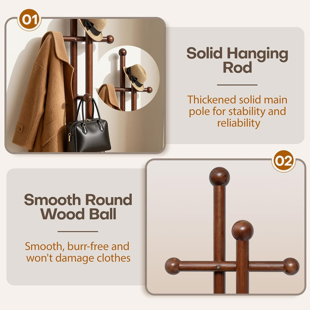 Coat Rack Freestanding, Wooden Coat Tree with 2 Main Rods, Heavy Duty Coat Hanger Stand with 15.75" Dia.Round Base, Walnut Standing Hall Tree for Bedroom Living Room, Clothes Jacket Bag Hat