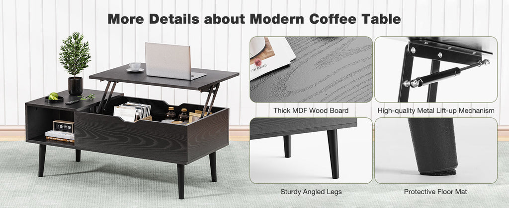 OLIXIS Wood Lift Top Coffee Table with Hidden Compartment and Large Storage Shelf, Lift Tabletop Dining Center Table for Home Living Room Office, Black