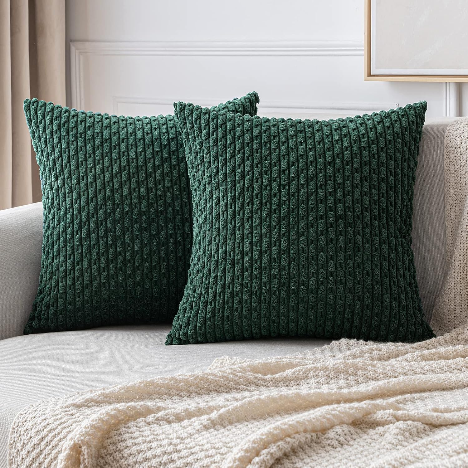 MIULEE Pack of 2 Decorative Throw Pillow Covers 18x18 Inch Soft Boho Striped Textured Corduroy Pillow Covers Spring Modern Farmhouse Home Decor for Couch Bed Sofa Living Room Sage Green