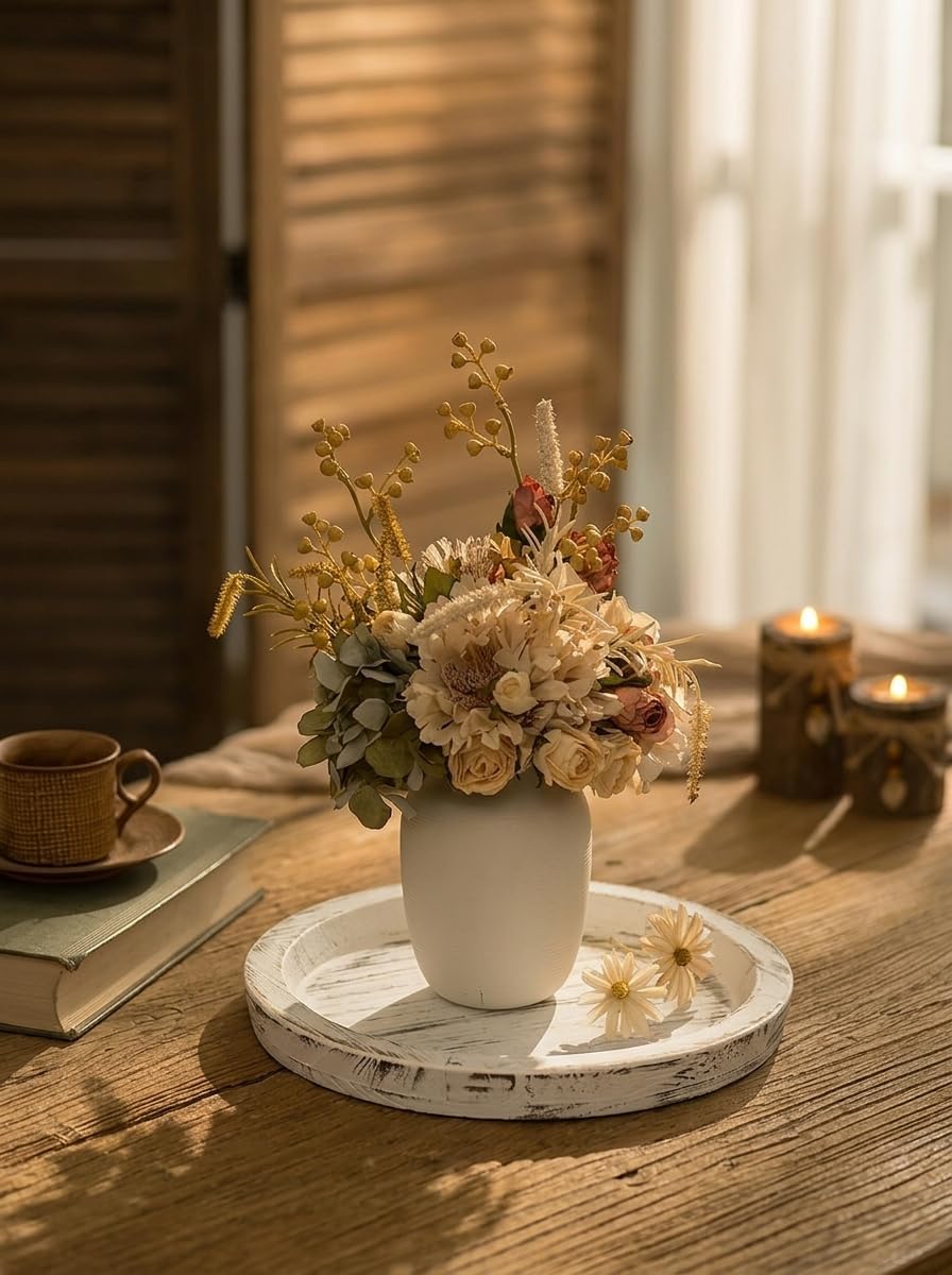 Candle Plate Holder Tray: Round White Wood Decorative Tray Decor - Rustic Farmhouse CoffeeTable Decor - Tealight Pillar Trays for Home Decor