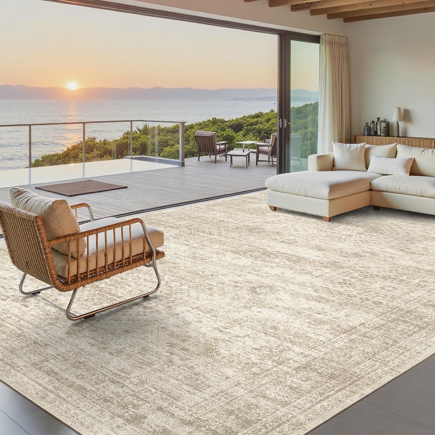 Soalmost Washable Area Rug 8x10, Large Soft Rugs for Living Room Vintage Beige Carpet 8x10 Area Rugs for Bedroom Dining Room Non-Slip Stain Resistant Under Table Rug