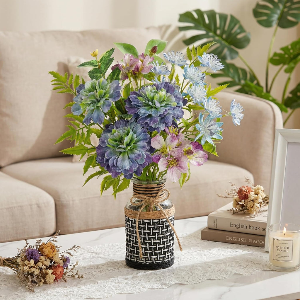 Fake Flowers in Vase Blue Faux Flowers Bush Bouquet Plant Flower Arrangements with Woven Glass Vase Artificial Flower Floral Bulk Bouquet Home Decor Bathroom Table Centerpiece Decorations