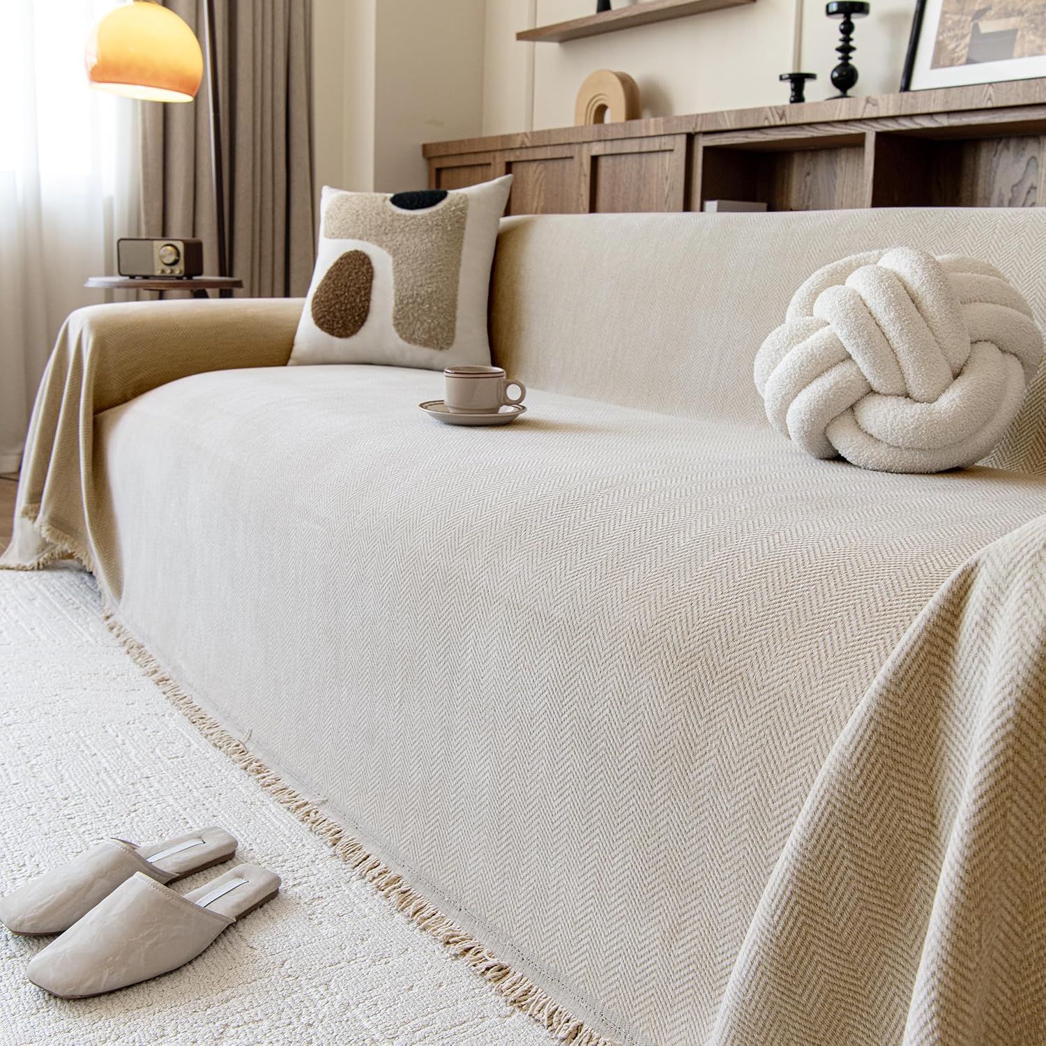 Couch Covers for Dogs 3 Cushion, Loveseat Slipcovers Washable, Pet L Shape Sectional Protector, Boho Sofa Blanket Cover, Herringbone Chenille, Cream, 71"x118"