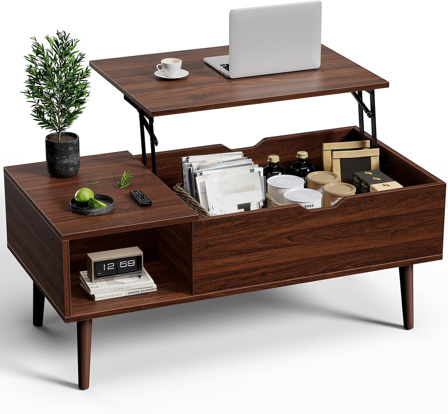 OLIXIS Wood Lift Top Coffee Table with Hidden Compartment and Large Storage Shelf, Lift Tabletop Dining Center Table for Home Living Room Office, Black