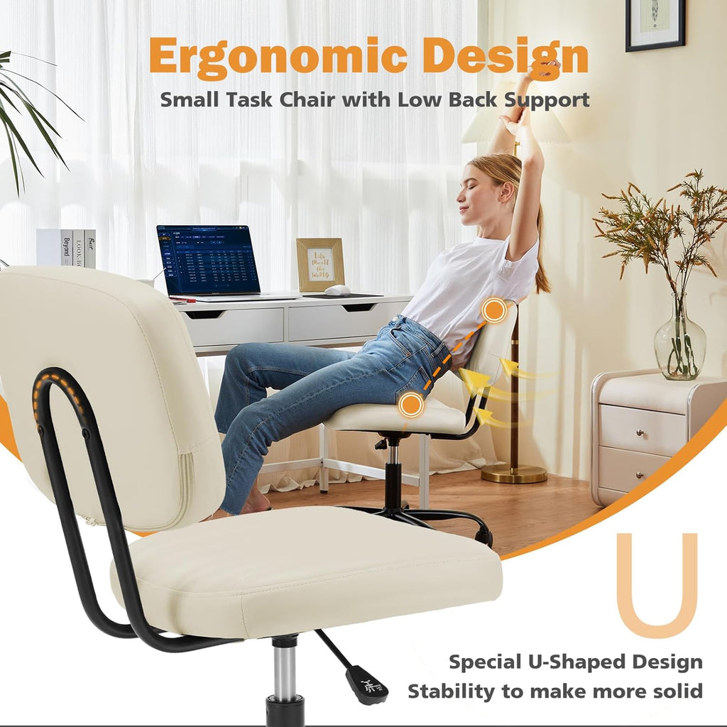 Small Office Desk Chair - Armless PU Leather with Comfy Lumbar Support, Height Adjustable Rolling Swivel Task for No Arms, for Adult, Student, Bedroom, Home, Vanity, Beige White