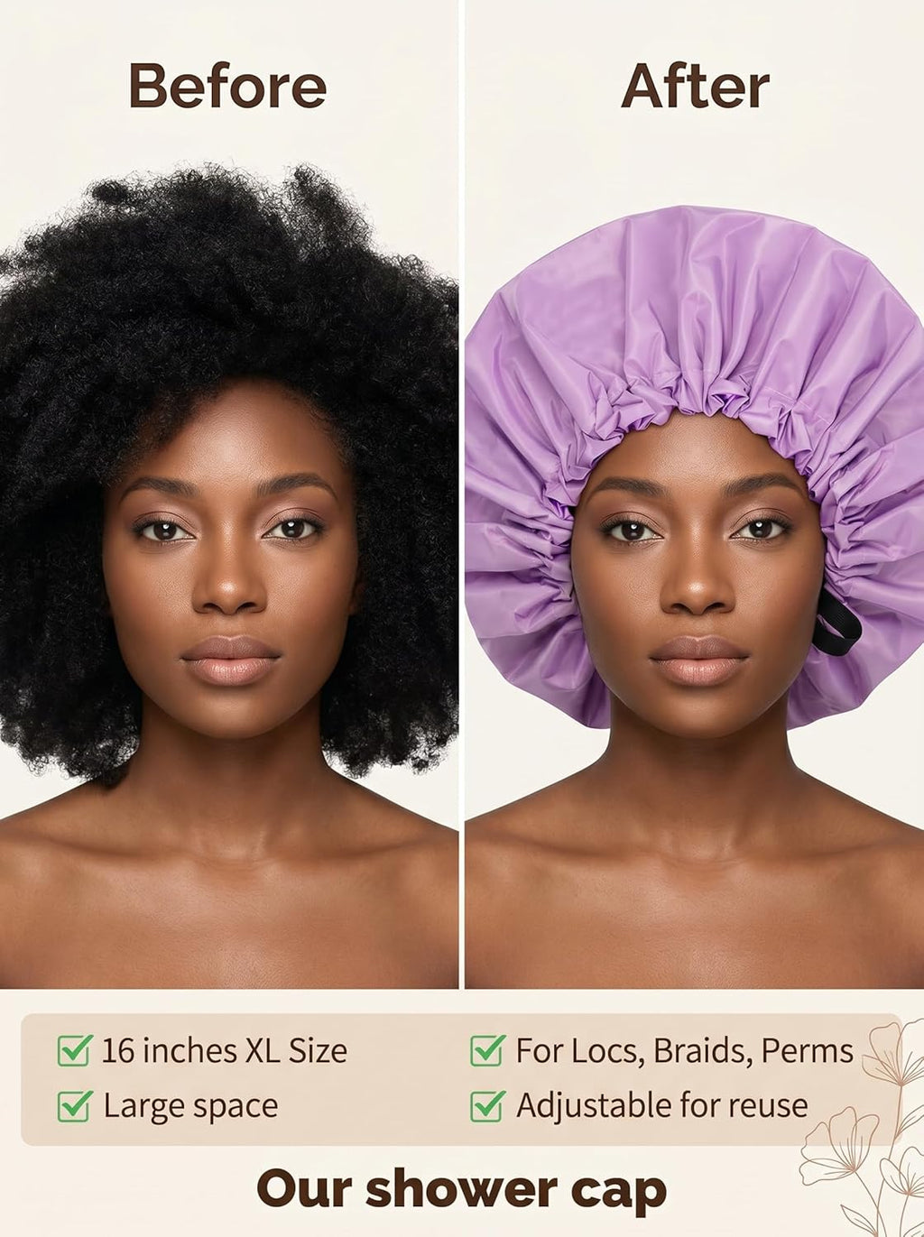 Shower Cap,Extra Adjustable Shower Caps for Women Double-Layer Waterproof Reusable Hair Cap, Large Size Hair Cap for All Hair,for Girls Spa Bath,Soft and Comfortable (Purple)