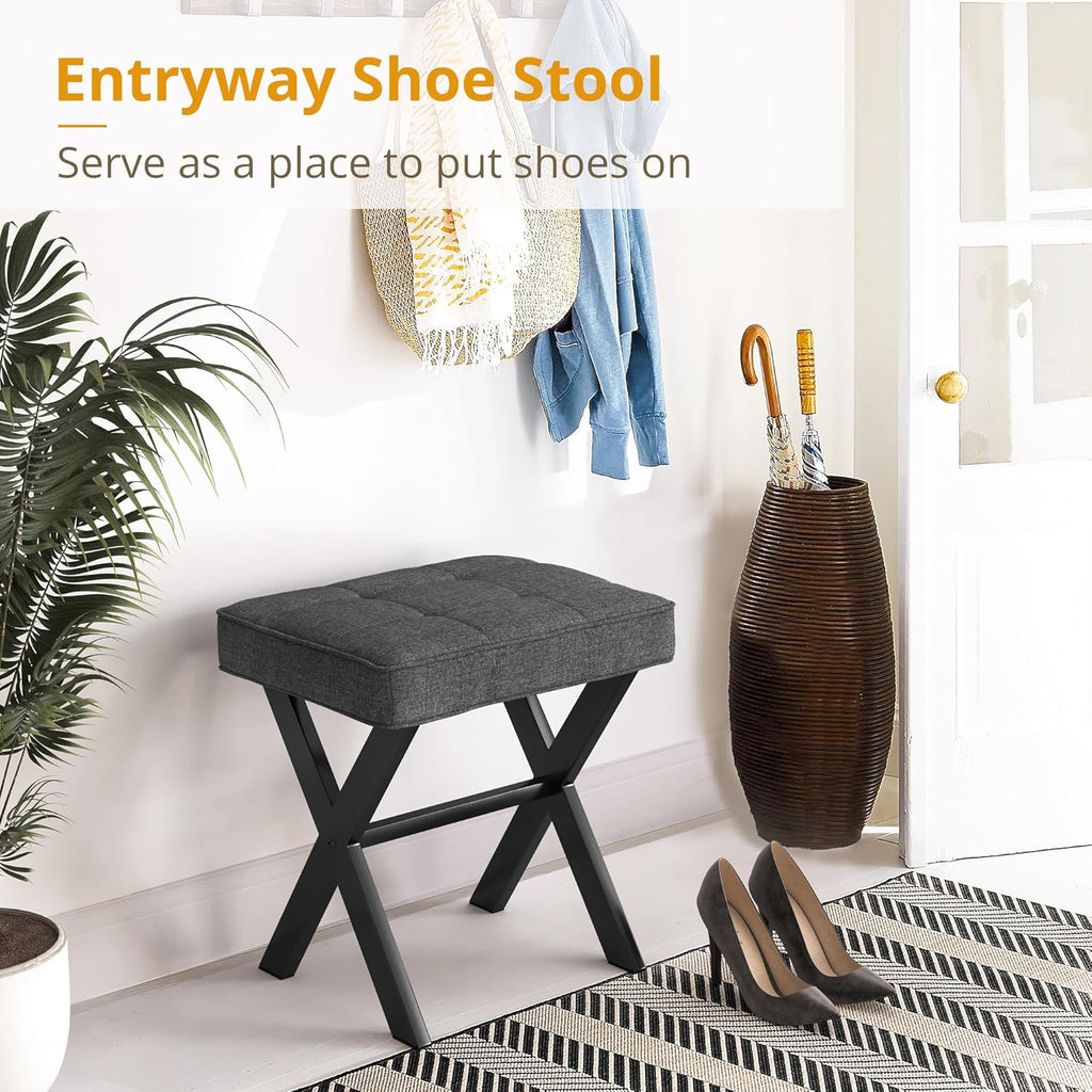 Vanity Stool, Square Linen Makeup Stool with Metal X Legs, Small Ottoman Stool Chair for Vanity, Modern Padded Vanity Seat Foot Rest Stool for Makeup Room, Living Room, Bathroom, Carbon Gray